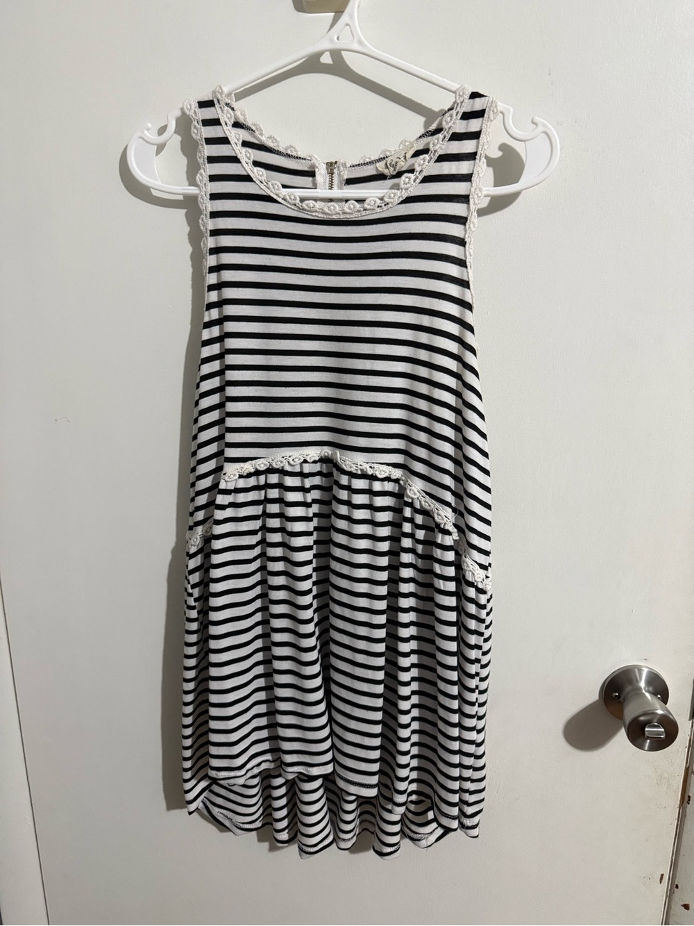 Sleeveless Black & White Striped Tunic with Lace Trim